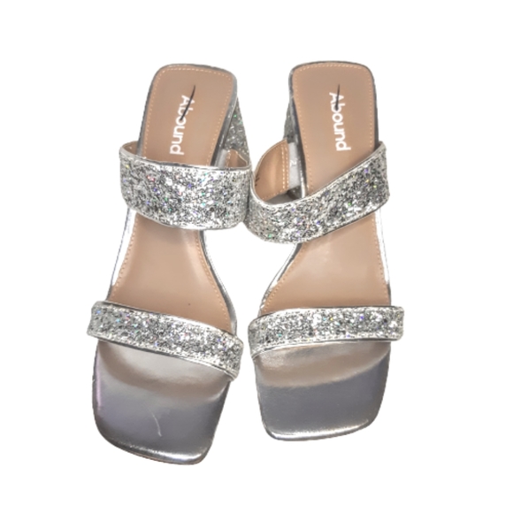 7/7.5 Abound Carina Silver Glitter Sandal Mismatch Pair Chunky Block Heel - Picture 2 of 6
